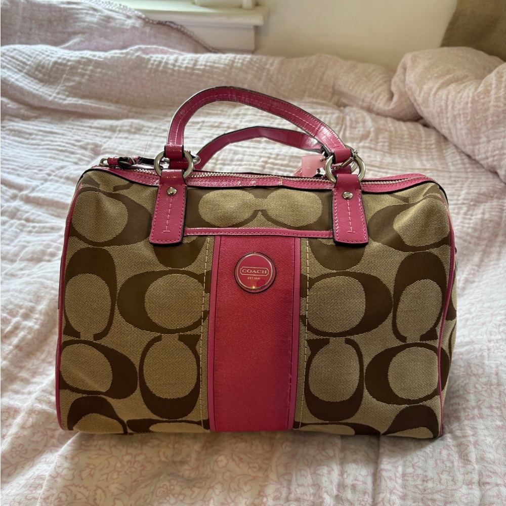Coach Brown Signature Canvas Satchel with Pink Trim